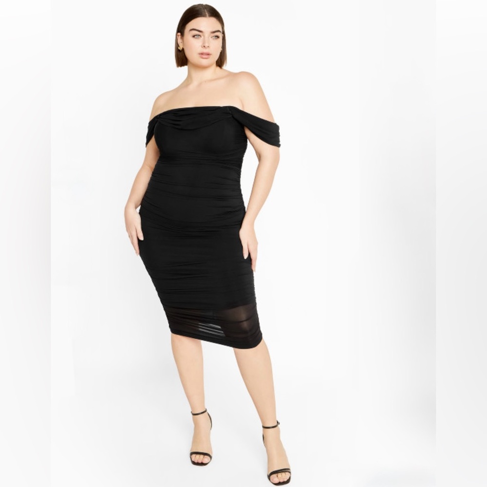 City Chic Alyssa Dress - Black Elegant Black Gathered Midi Dress